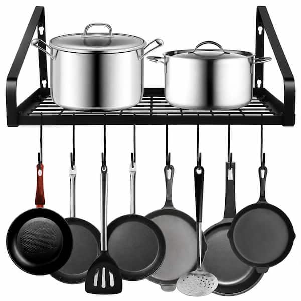 Black Wall-Mounted Metal Pot Rack with 8 Moveable Hooks for Cookware, Utensils and Kitchen Storage Organizer
