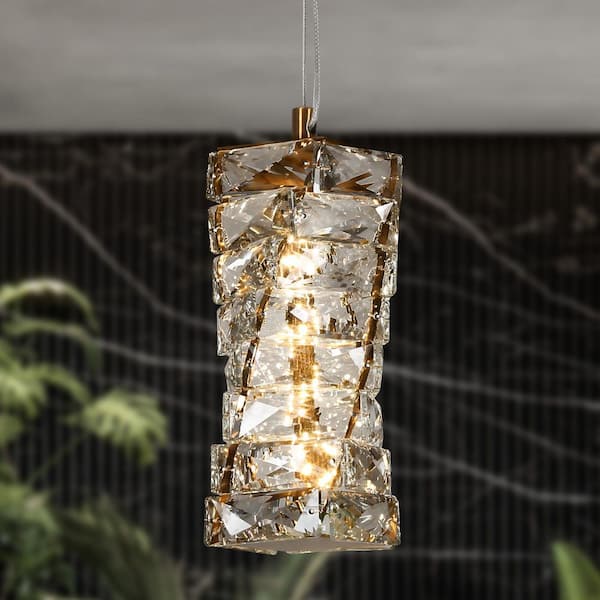 Modern 1-light Plating Brass Integrated LED Pendant Light with Cylinder Crystal Shade, Glam Dining Room Chandelier