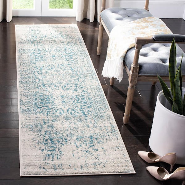 Madison Teal/Ivory 2 ft. x 20 ft. Distressed Border Runner Rug