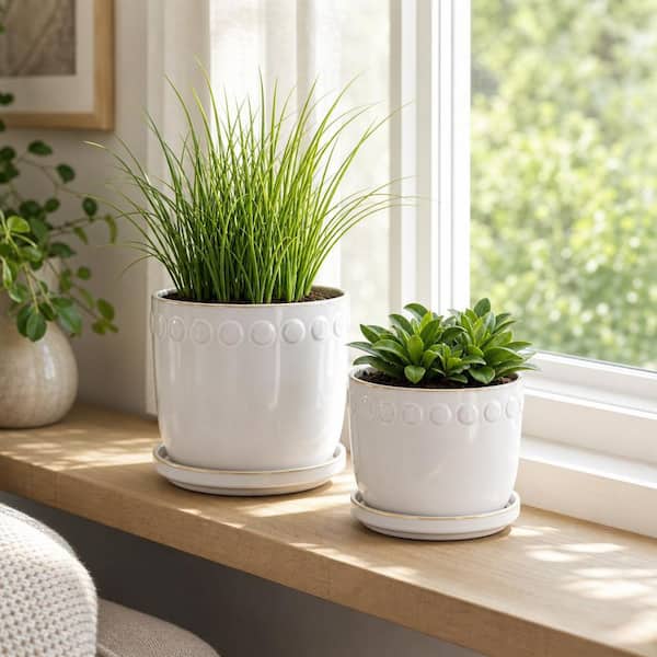 Liv & Skye 6 in. and 8 in. White Ceramic Bubble Trim Saucer