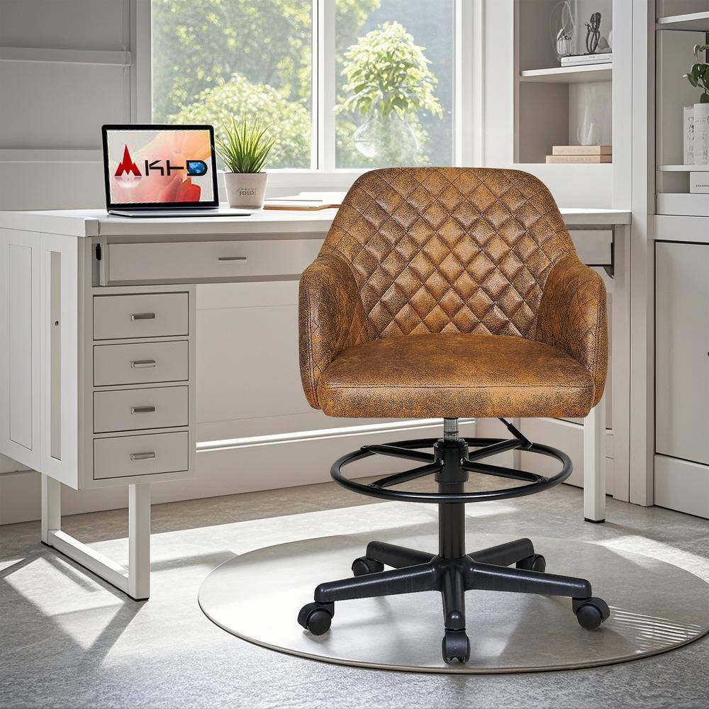 Faux Leather Swivel Drafting Chair with Adjustable Height and Lumbar Support for Home Office Office Stool, Brown - Thumbnail 2