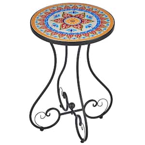 14 in. Floral Outdoor Ceramic Side Table with Ceramic Tile Top and Curved Steel Legs