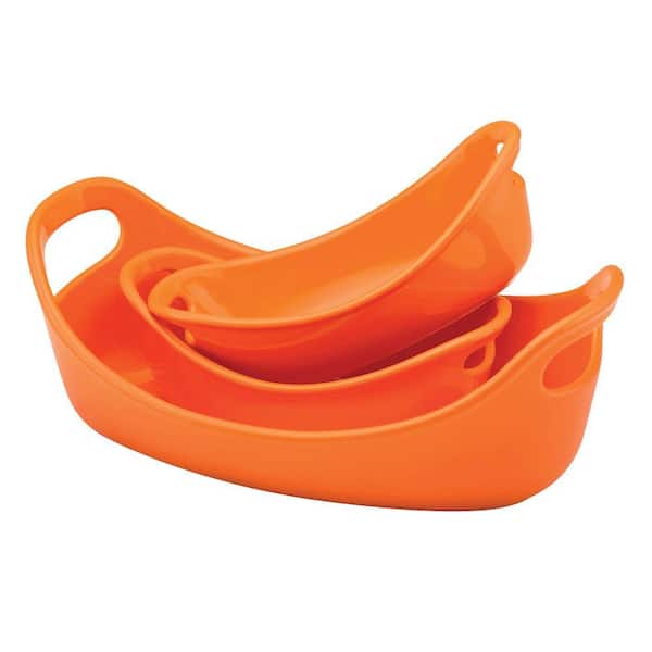 Rachael Ray Stoneware 3-Piece Small Oval Set Bubble and Brown in Orange