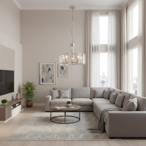 5-Light Brushed Nickel Drum Glass Pendant Light, Modern Ceiling Light Chandelier for Dining Table, Bedroom