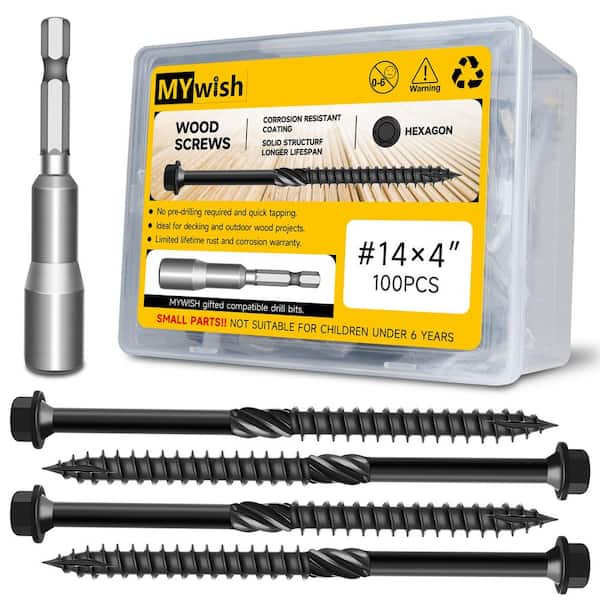 100-Pcs #14 x 4 in Black Hex Flat Head Wood Deck Screws