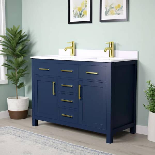 Beckett 48 in. W x 22 in. D x 35 in. H Double Sink Bathroom Vanity in Dark Blue with White Cultured Marble Top