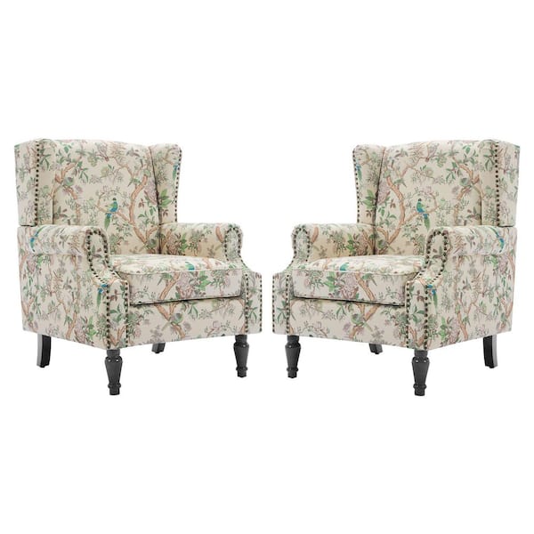 Bird Pattern Linen Upholstered High Back Accent Arm Chair with Nailhead Trim(Set of 2)