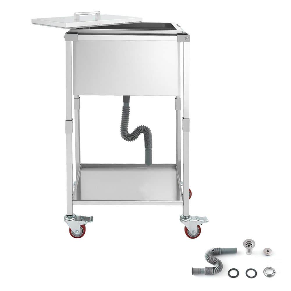 Rolling Ice Chest Cooler Cart, 22x16x38in Stainless Steel, 32.8Qt Outdoor Stand-Up Cooler on Wheels with Shelf for Patio