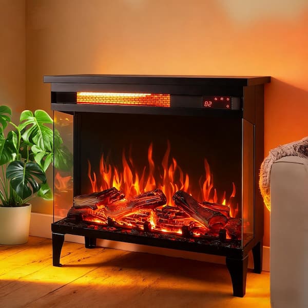 24 in. Freestanding Sheet Metal with 3-Sided Glass and Various Flame Colors Electric Fireplace in Antique Black