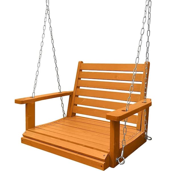 Innovaze 32.2 in. 1-Person Amber Tone Solid Fir Wood Patio Swing with Hanging Chains 7 mm Springs, Heavy-Duty 800 lbs. Capacity