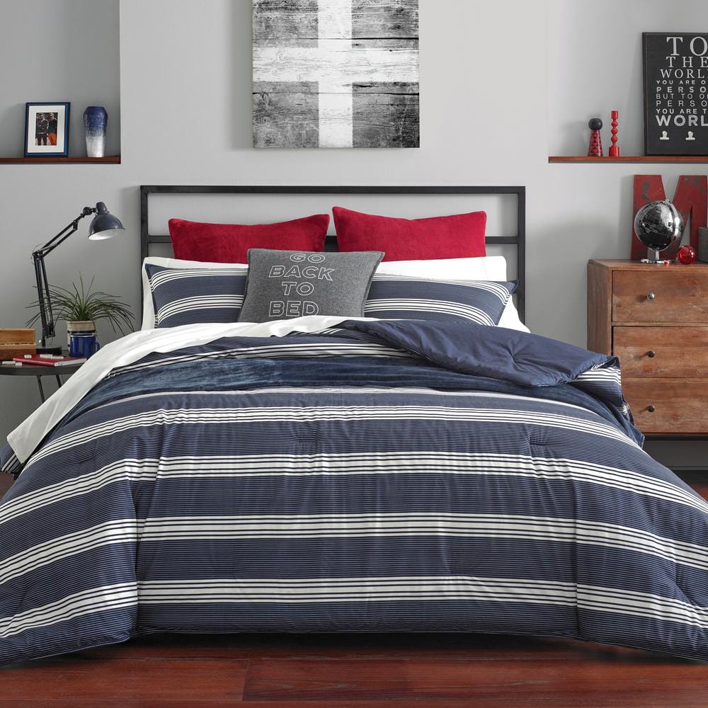 Navy Twin Cotton Reversible Comforter Set with Sham