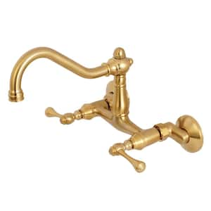 Victorian Lever 2-Handle Wall-Mount Standard Kitchen Faucet in Brushed Brass