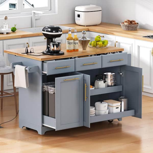 Gray Blue Rubber Wood 59.3 in. W Kitchen Island with Trash Can Storage, Power Outlet, Spice and Towel Rack for Kitchen