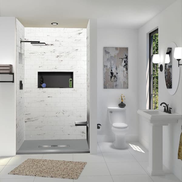 Trimslate 70.9 in. L x 47.5 in. W Alcove Custom Shower Pan Base with Center Drain and Single Threshold in Dark Grey