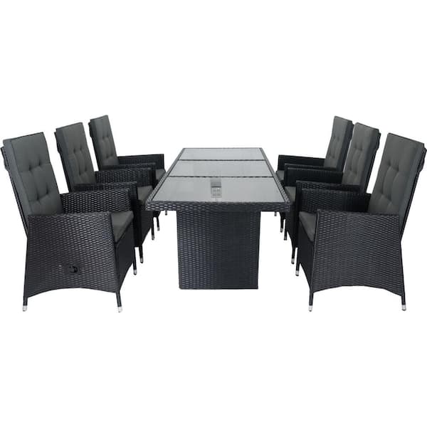 Unbranded 7-Piece Wicker Outdoor Dining Set withAdjustable Backrest For Patio Black Wicker With Dark Gray Cushions