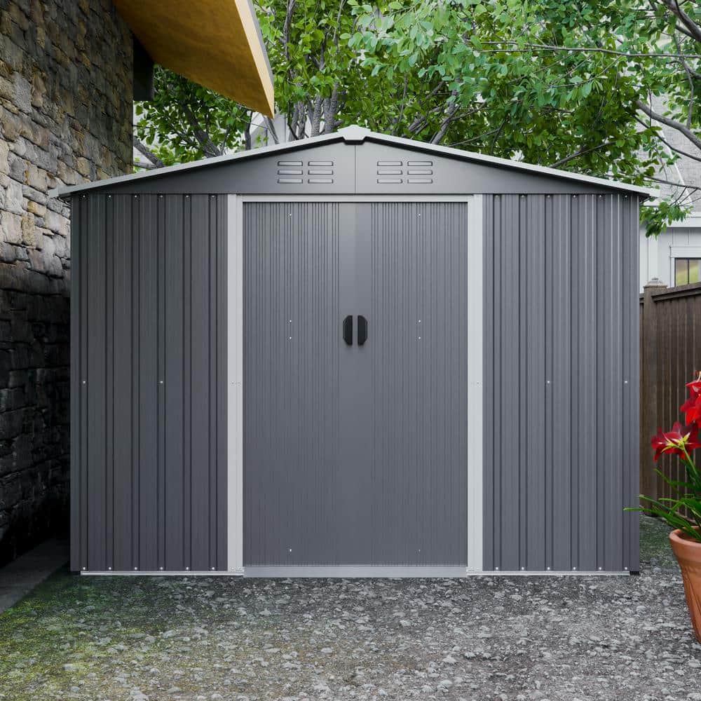 8x6 ft Gray Metal Outdoor Storage Shed with Double Doors