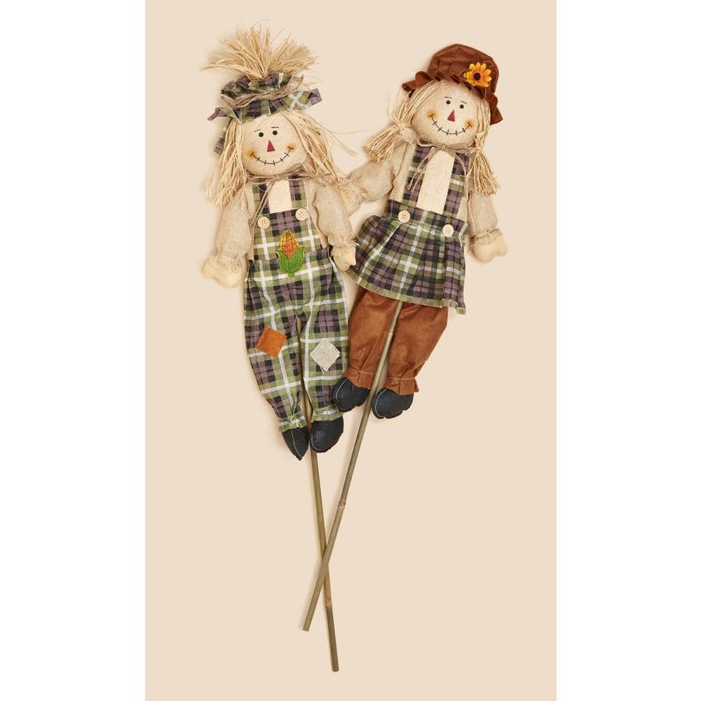 36 in. Boy and Girl Scarecrow with Burlap Shirt (Set of 2)