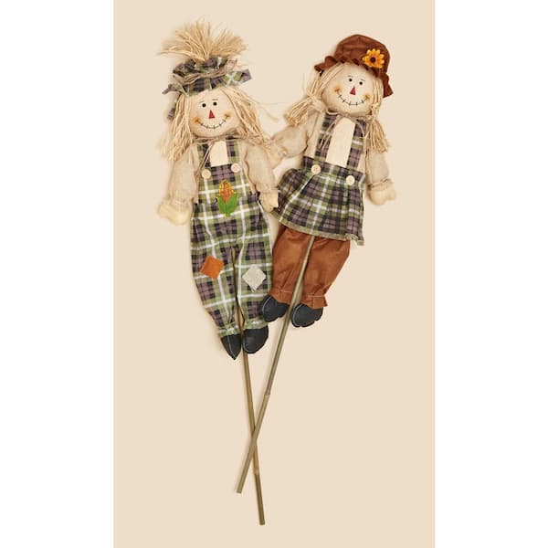 Unbranded 36 in. Boy and Girl Scarecrow with Burlap Shirt (Set of 2)