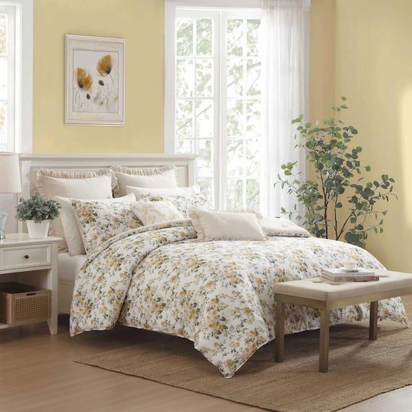 Laura Ashley Roses 7-Piece Gold/Green 100% Cotton King Bonus