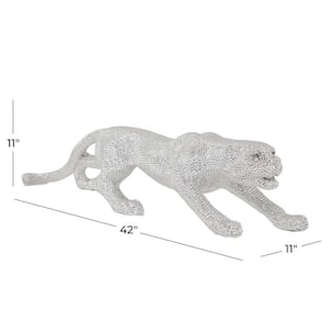 Silver Polystone Floor Leopard Sculpture with Carved Faceted Diamond Exterior