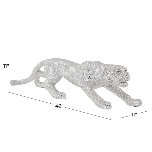 Silver Polystone Floor Crouching Leopard Sculpture with Carved Faceted Diamond Exterior