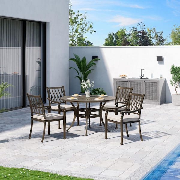 48 in. Round Table and 5-Piece Cast Aluminum Outdoor Dining Set with Wide Beige Cushions Chairs