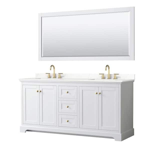 Wyndham Collection Avery 72 in. W x 22 in. D x 35 in. H Double Bath Vanity in White with Giotto Quartz Top and 70 in. Mirror