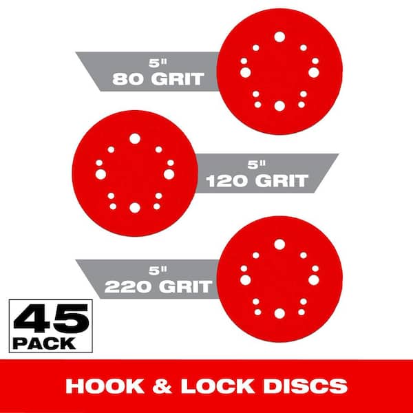 5 in. 80-Grit, 120-Grit, and 220-Grit Universal Hole Random Orbital Sanding Disc with Hook and Lock Backing (45-Pack)