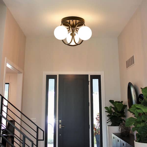 11.81 in. 3-Light Black Industrial Semi-Flush Mount Ceiling Light with Frosted Glass Shade