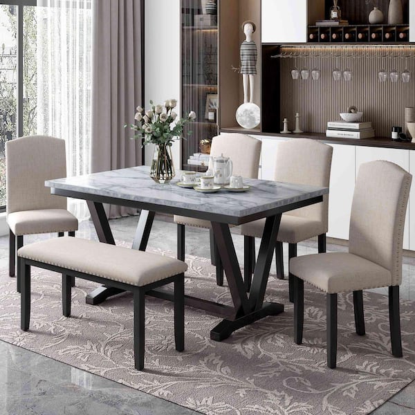 6-Piece Modern White Wood Top Dining Room Set Seats 5