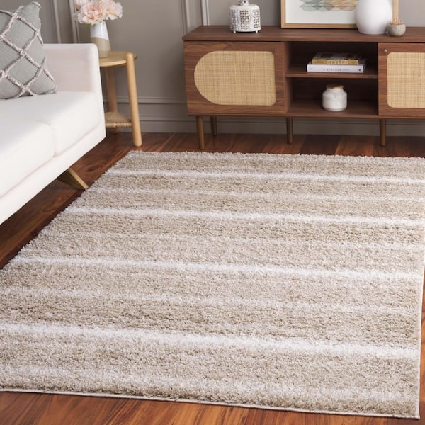 Border and Stripe Shag 4 ft. x 6 ft. Beige/Ivory Faded Striped Area Rug