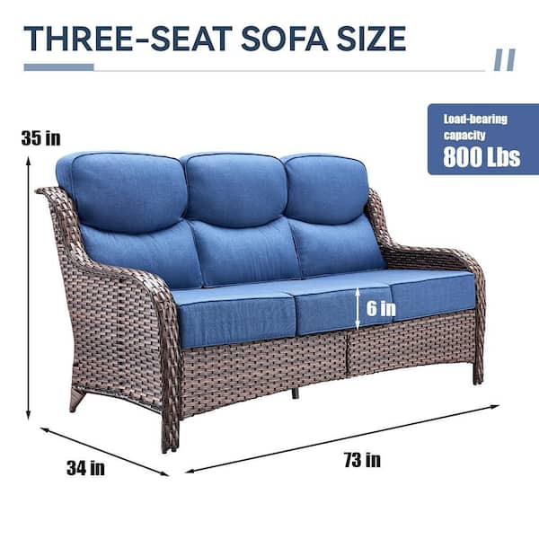 6 in Thicken 3-Seat Wicker Outdoor Couch Patio Sofa with Blue Cushion