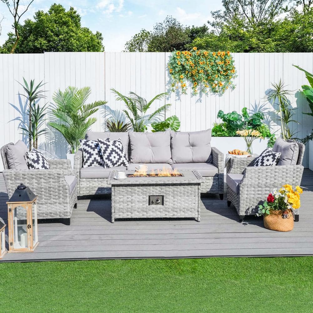 Grice 5-Piece Wicker Patio Conversation Set with Gas Fire Pit Table and Gray Cushions price history on PriceWatchPro