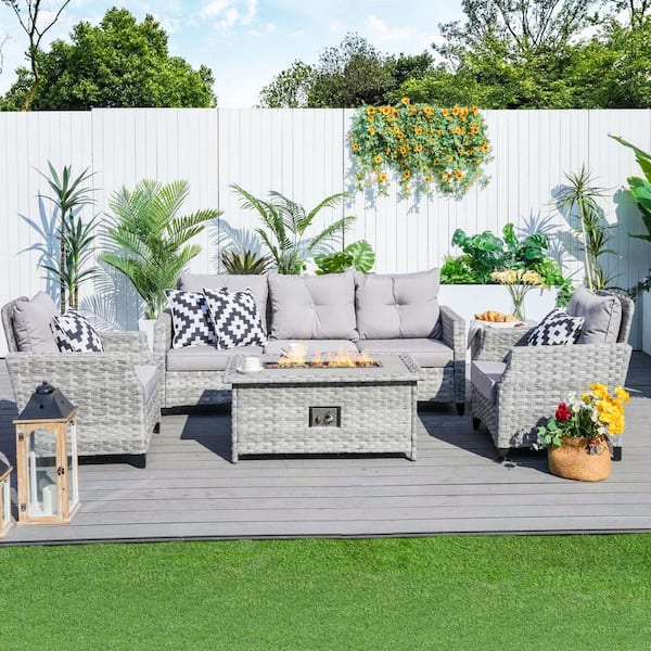 moda furnishings Grice 5-Piece Wicker Patio Conversation Set with Gas Fire Pit Table and Gray Cushions