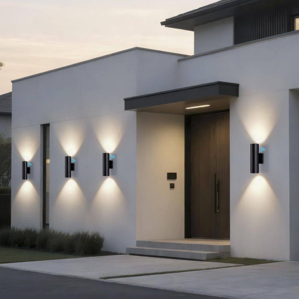 12 in. Black Aluminum Modern Outdoor Up and Down Cylinder LED Wall Sconce with Dusk to Dawn (4-Pack) price history on PriceWatchPro