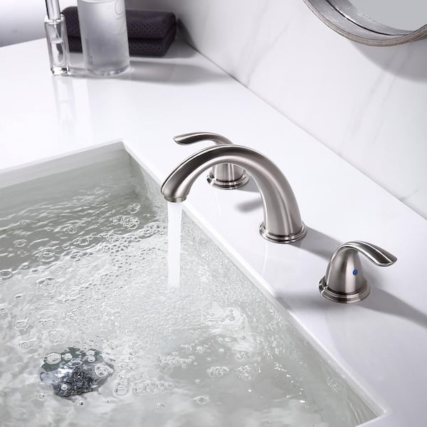 Modern 8 in. Widespread Double Handle Bathroom Faucet for Sink 3 Hole with Pop Up Drain Assembly in Brushed Nickel