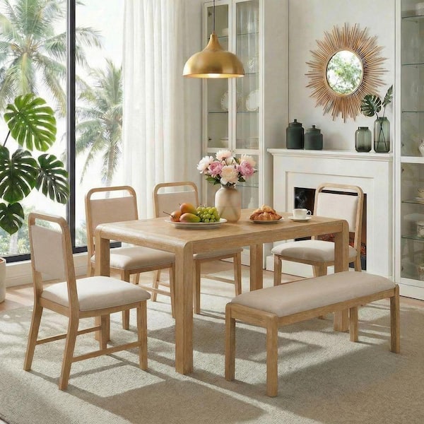 6-Piece Natural Brown Wood Top Extendable Dining Table Set Seats 6