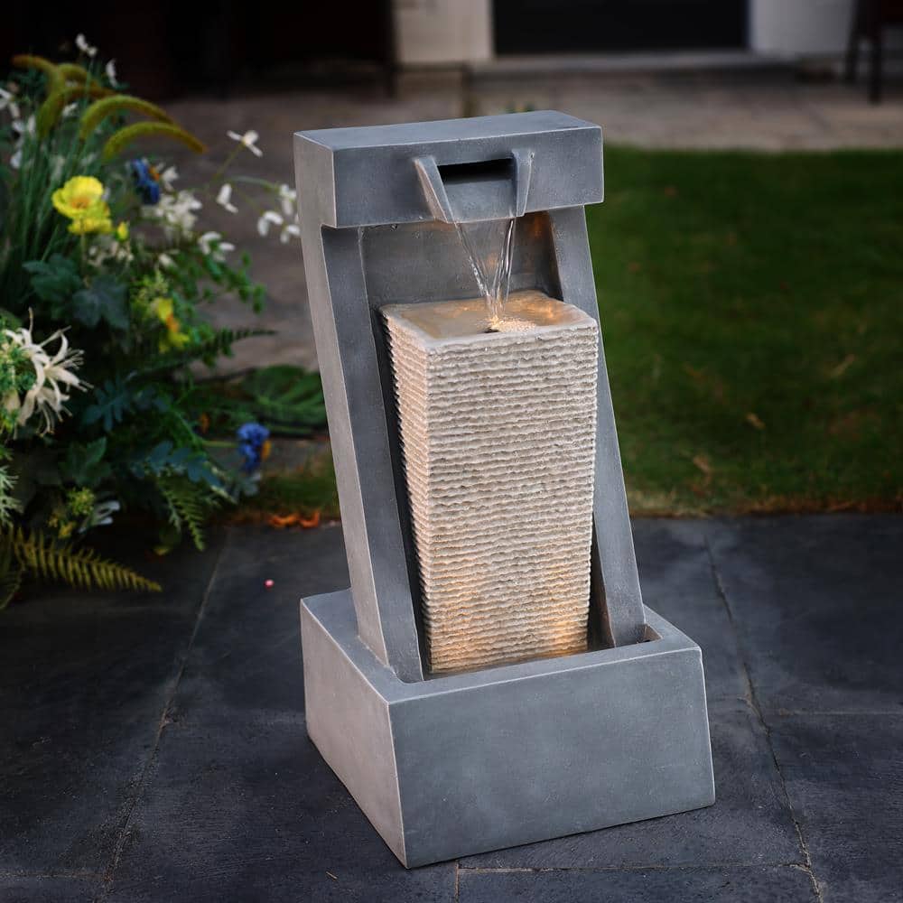 Gray Resin 2-Column Sculpture Outdoor Fountain with LED Lights