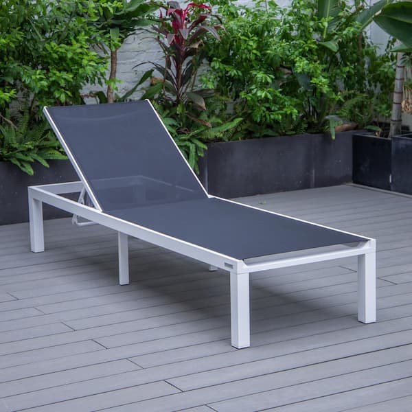 Leisuremod Marlin Outdoor Patio Chaise Lounge Chair in White Aluminum Reclining Backrest Mesh Sling Fabric Seat in Black