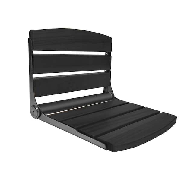 17.5 in. Folding Teak Wood Shower Seat in Black, Wall Mounted Shower Bench for Small Shower Spaces, 500 lb. Max Load