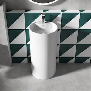 Kendall Bathroom Circular Solid Surface Basin Pedestal Sink in Matte White with Overflow Drain