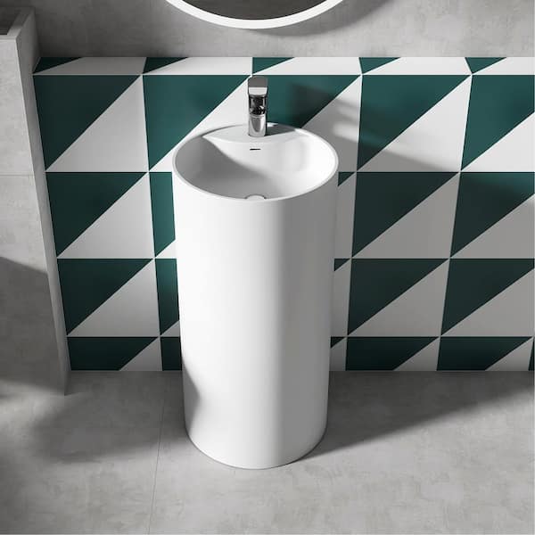 MEDUNJESS Kendall Bathroom Circular Solid Surface Basin Pedestal Sink in Matte White with Overflow Drain