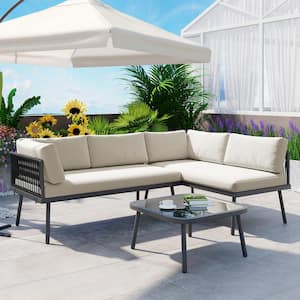 3 Piece Metal plus PE Rattan Modern Outdoor Patio Sectional Sofa Set, All Weather Furniture Set with Beige Cushions