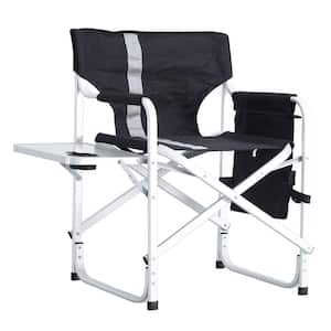 Padded Folding Aluminum Outdoor Lawn Chair with Side Table and Storage Pockets in Black