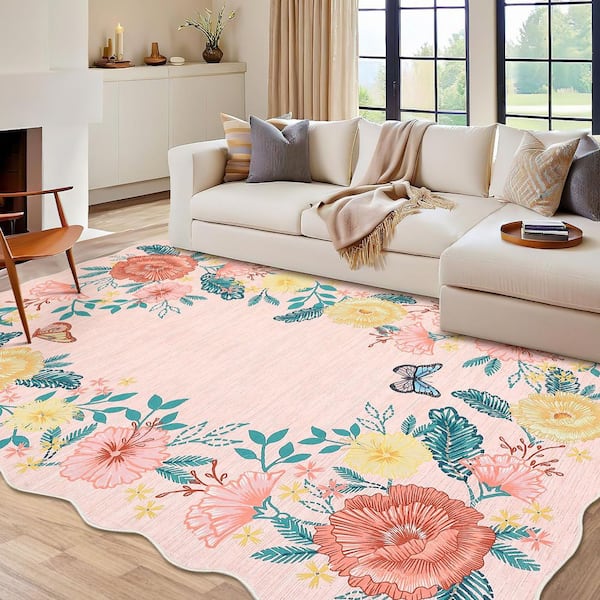 Wavy Edge Decorative Machine Washable Vintage Floral Printed Carpet for Bedroom Apartment Pink 9 ft. x 12 ft. Area Rug