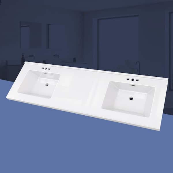 72 in. W x 22 in. D Solid Surface Resin White Rectangular Vanity Top Double Sink Bathroom Vanity Top in Glossy White