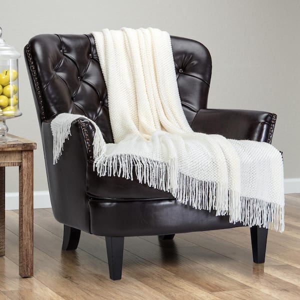 Textured Knit Cream Acrylic Throw Blanket with Tassels, 50 x 65 in.
