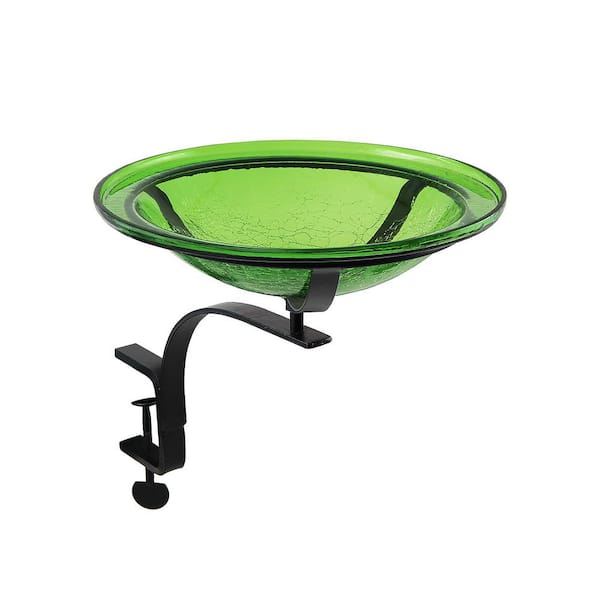 ACHLA DESIGNS 12.5 in. Dia Fern Green Reflective Crackle Glass Birdbath Bowl with Rail Mount Bracket