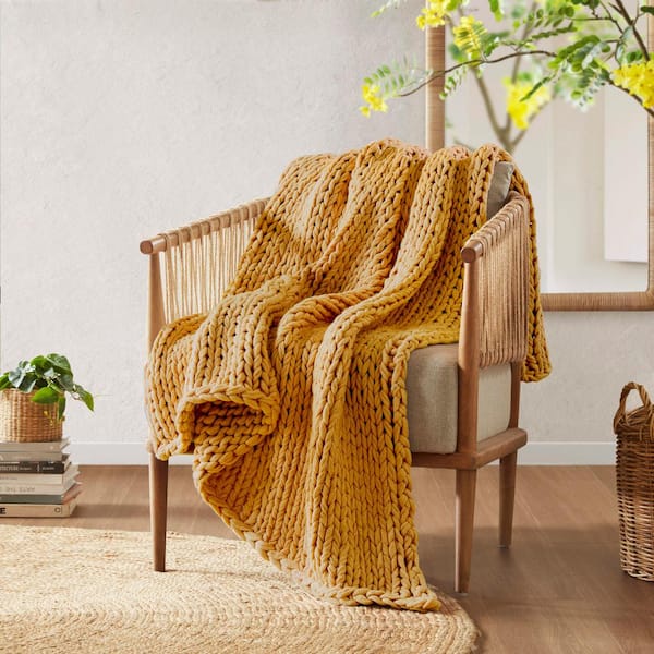 Chunky Double Knit Yellow 50 in. x 60 in. Handmade Throw Blanket