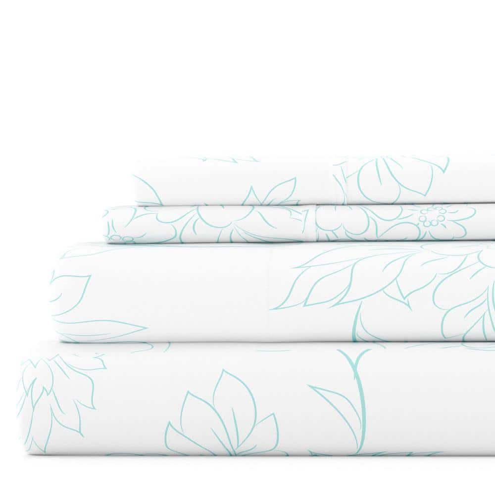Aqua Floral Twin Cotton Polyester Microfiber Sheet Set